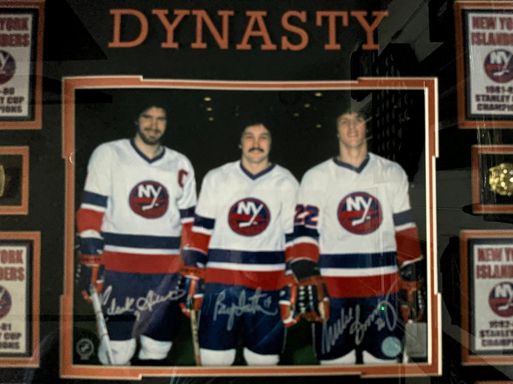 NY Islanders - Gillies, Smith & Bossy Dynasty autographed with 4 Replica Rings