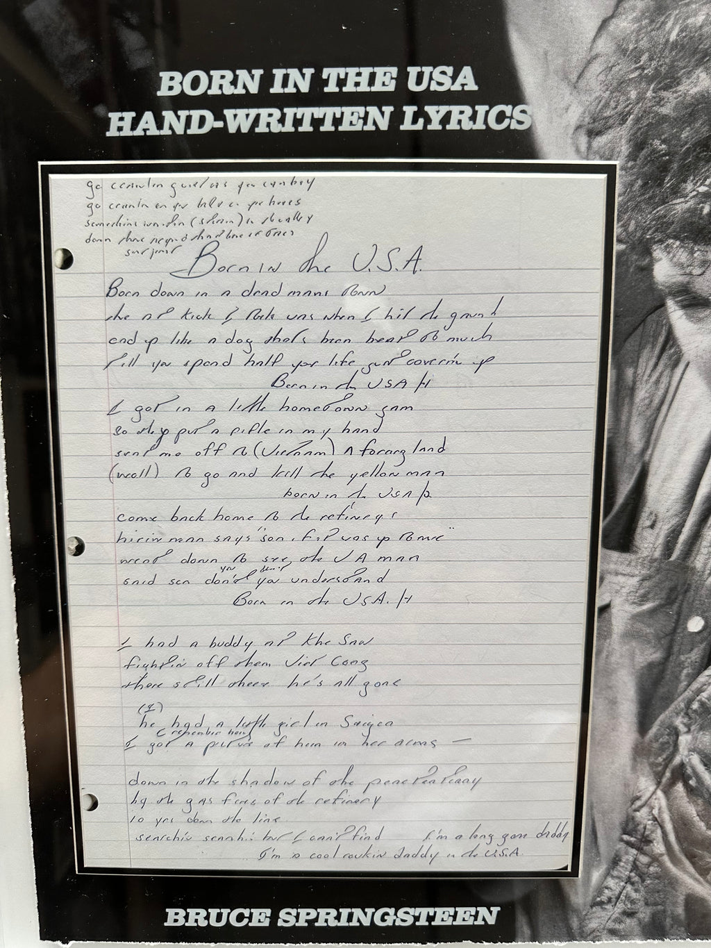 Bruce Springsteen with Replica handwritten lyrics to "Born in the USA"
