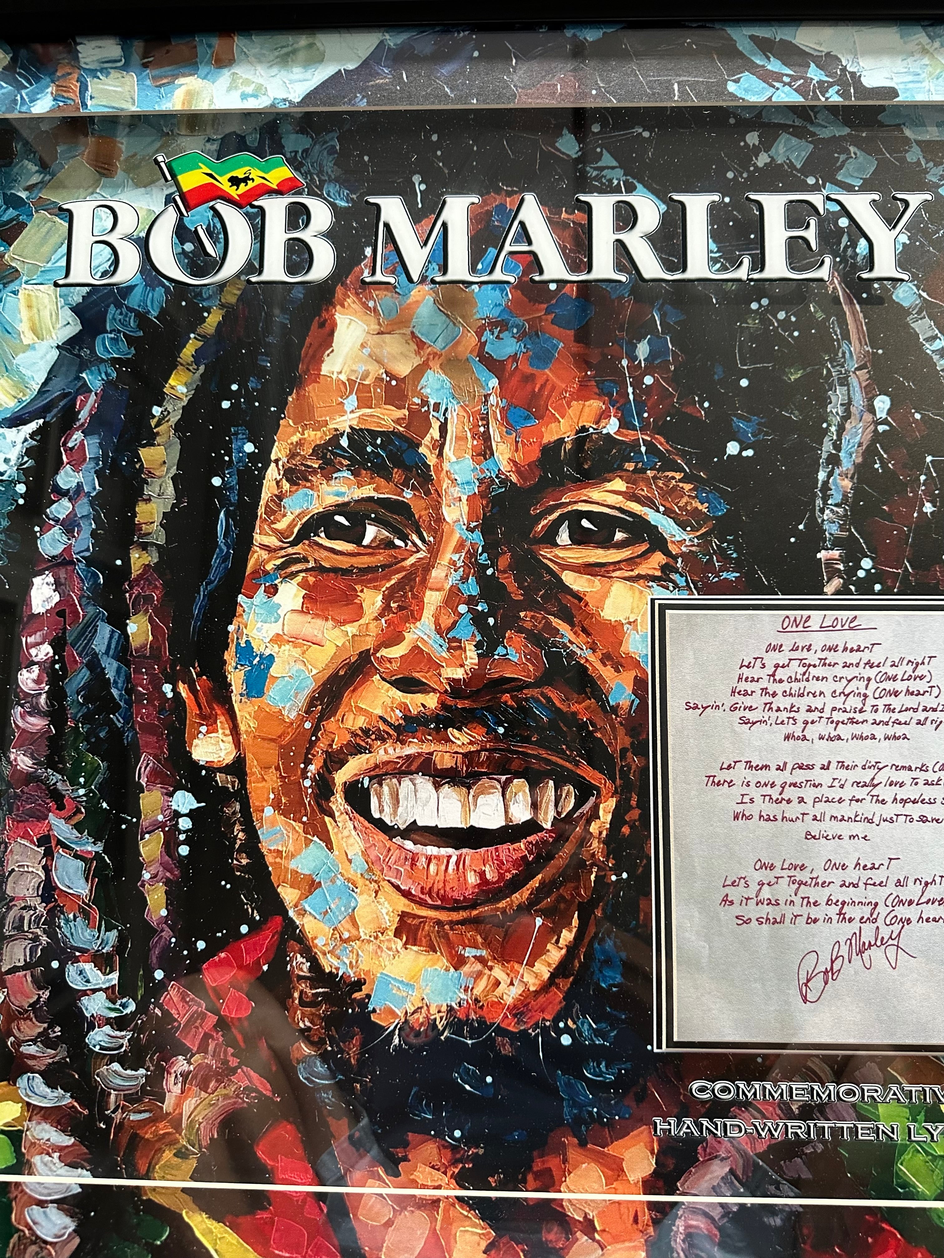 Bob Marley with "One Love" replica lyrics