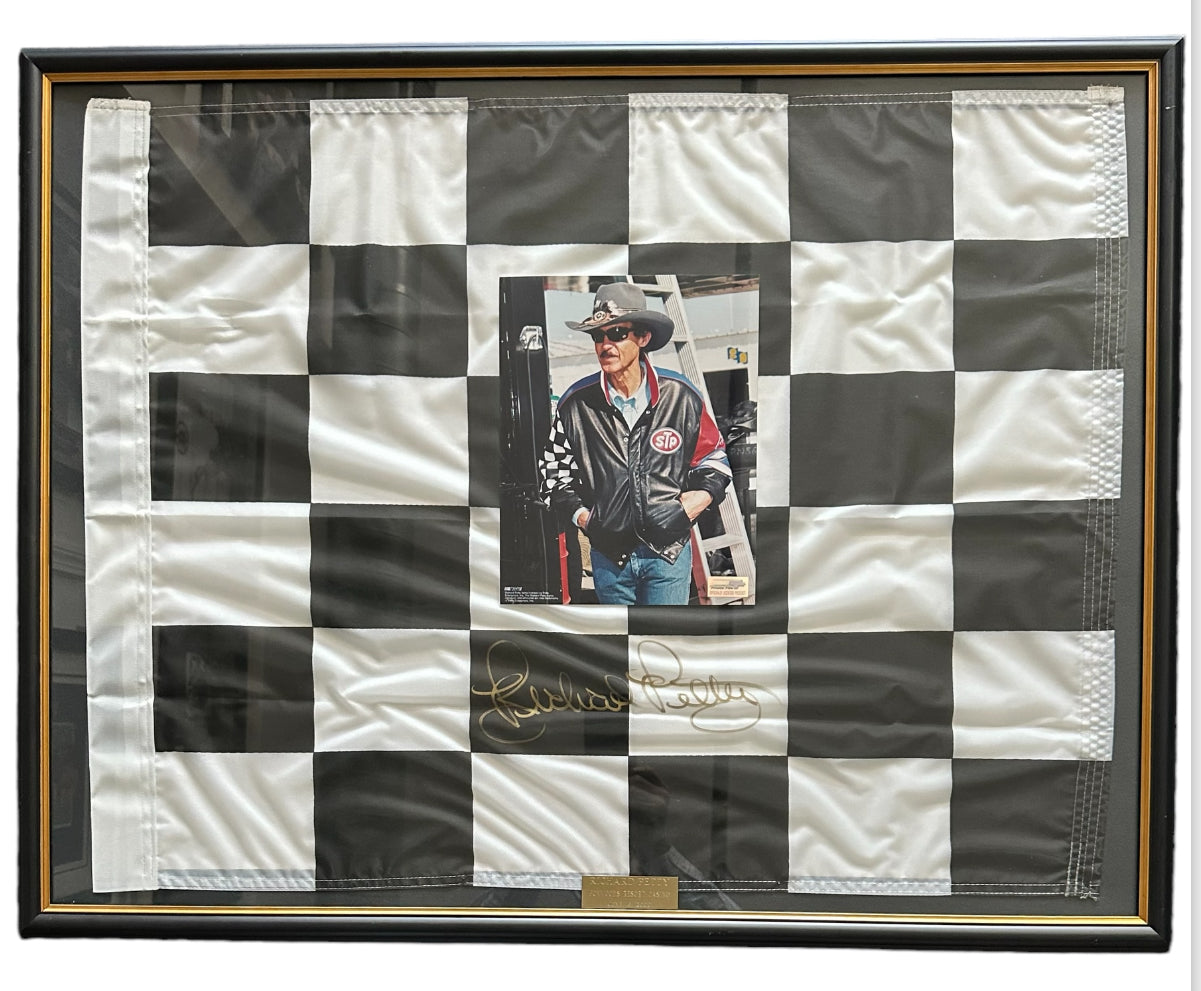 Richard Petty Photo with Autographed Photo NASCAR Racing Checkered Flag