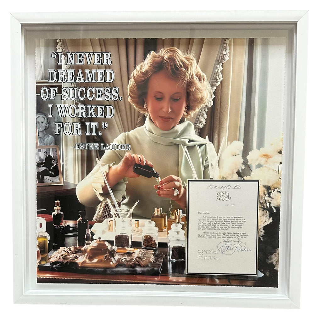 Estee Lauder with quote and replica letter to Audrey Hepburn