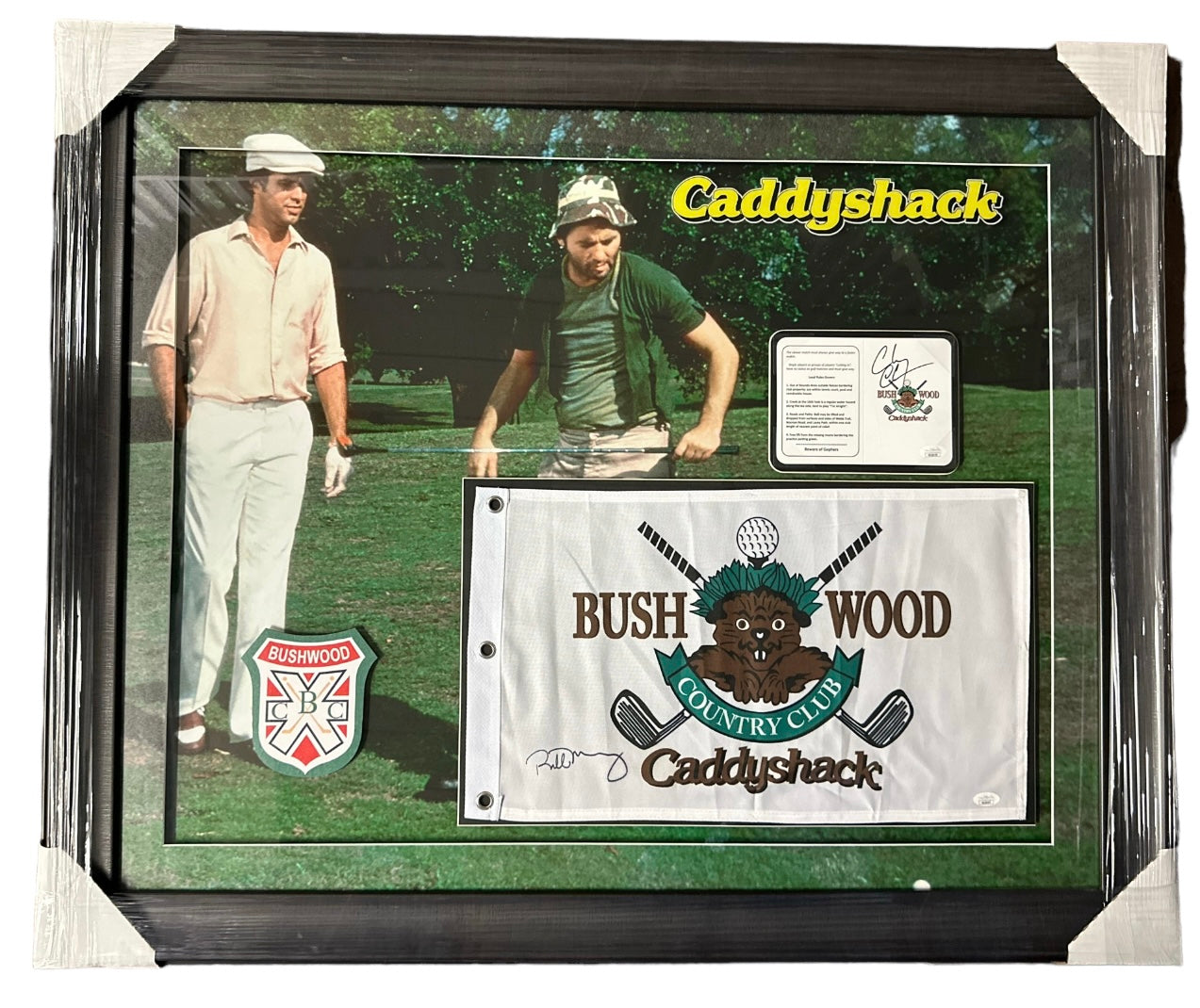 Caddyshack Bush Wood Card and Flag signed by Chevy Chase & Bill Murray