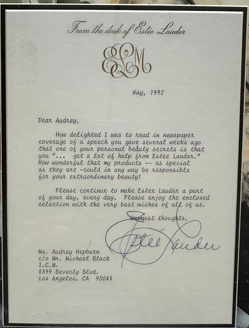 Estee Lauder with quote and replica letter to Audrey Hepburn