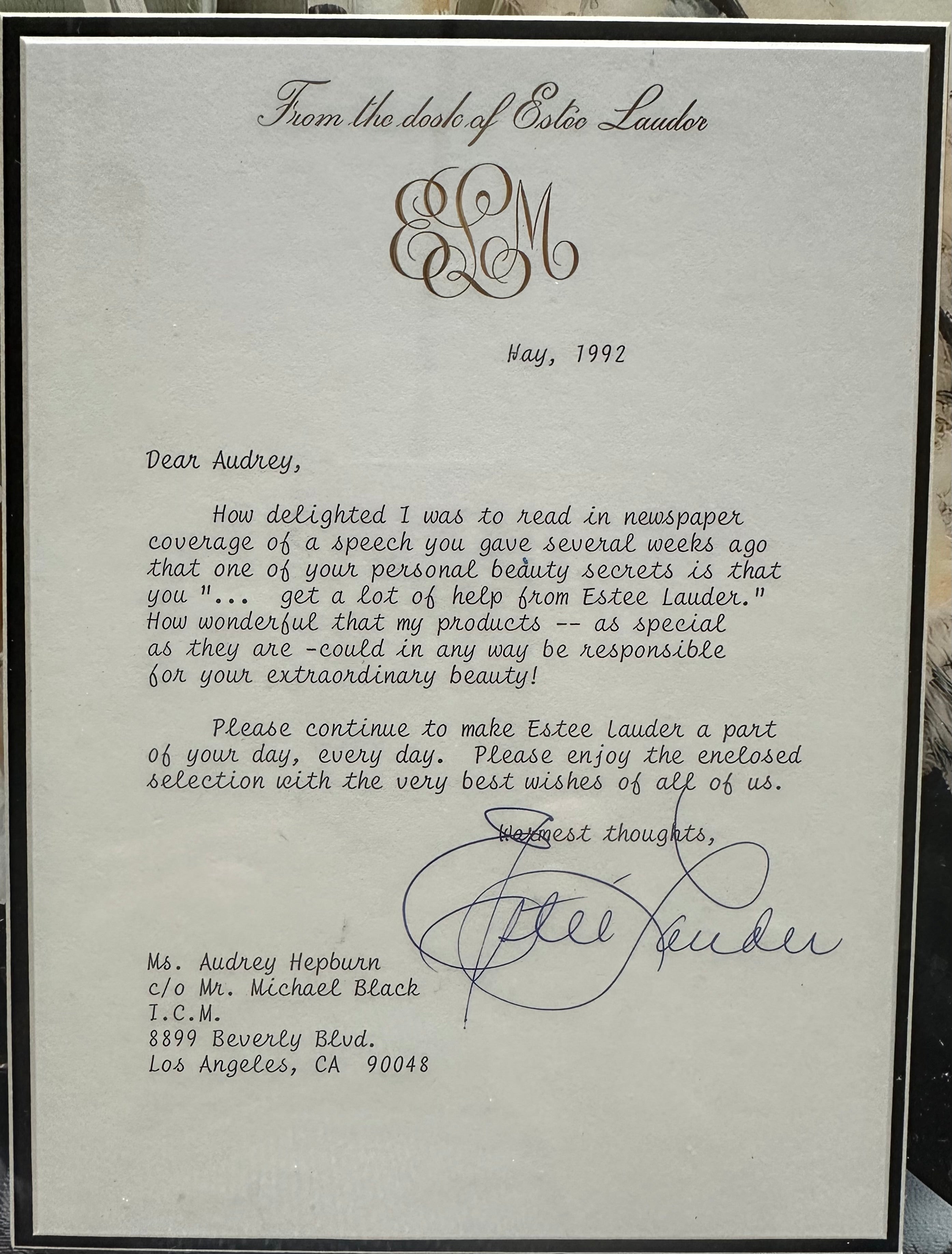 Estee Lauder with quote and replica letter to Audrey Hepburn