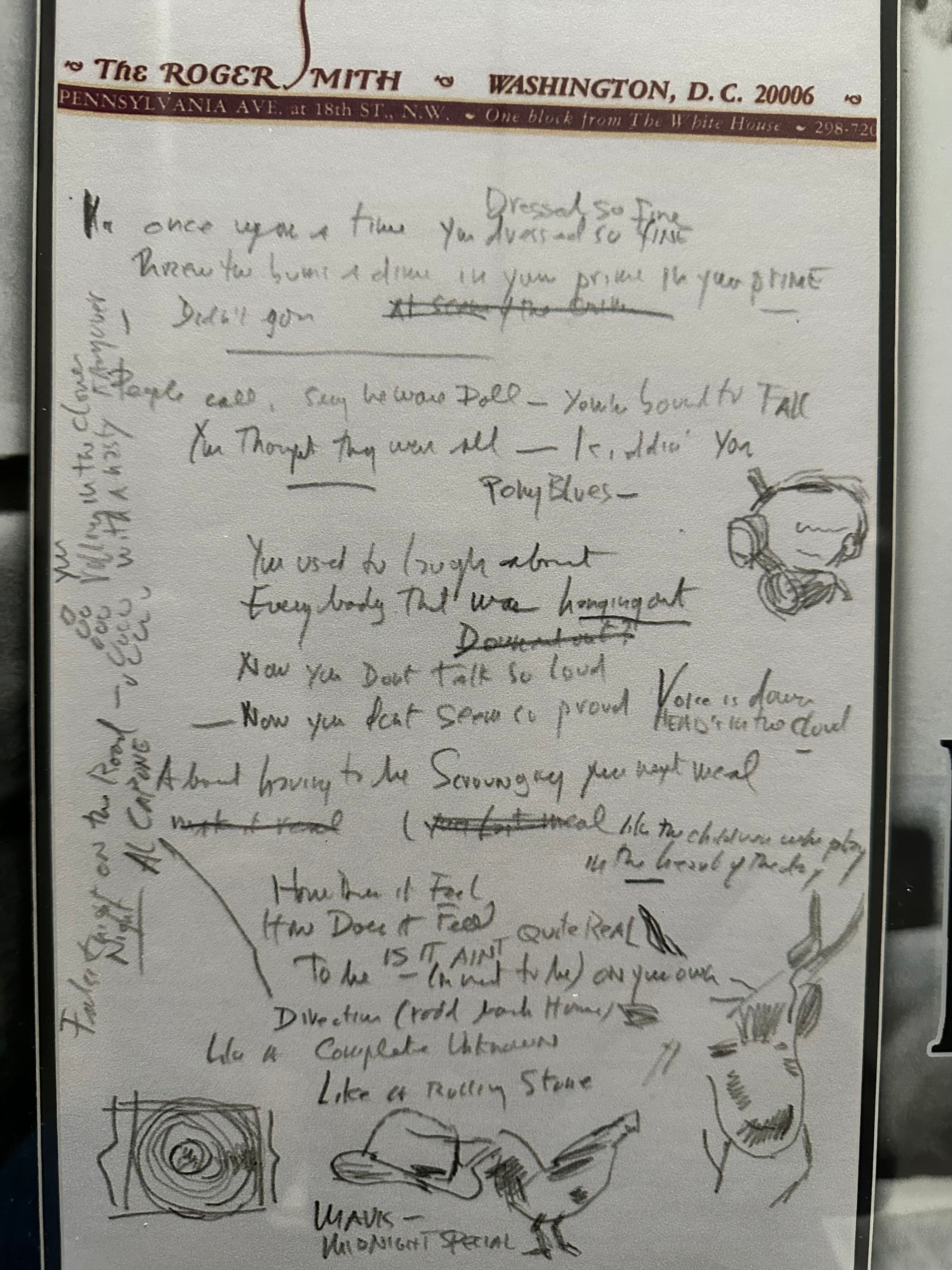 Bob Dylan with "Like a Rolling Stone" replica Lyrics